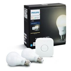 Philips Hue White A19 60W Equivalent Dimmable LED Smart Bulb Starter Kit (2 A19 60W White Bulbs and 1 Hub Compatible with Amazon Alexa Apple HomeKit and Google Assistant), 2 Pack
