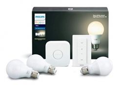 Philips Hue - White A19 Smart Lighting Bundle with 3 A19 Bulbs, Dimmer Switch, and Hub. Compatible with Amazon Alexa Apple HomeKit and Google Assistant